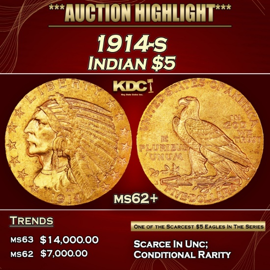 1914-s Gold Indian Half Eagle $5 ms62+ USCG