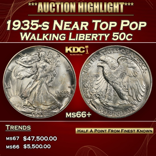 1935-s Walking Liberty Half Dollar Near Top Pop 50c ms66+ SEGS