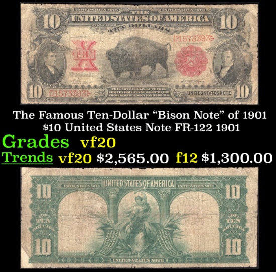 The $10 United States Note Famous Ten-Dollar "Bison Note" of 1901 FR-122 Grades vf, very fine 1901