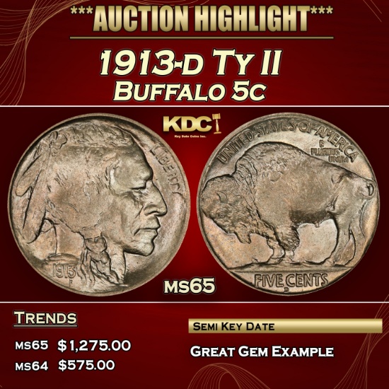 1913-d Ty II Buffalo Nickel 5c Grades ms65