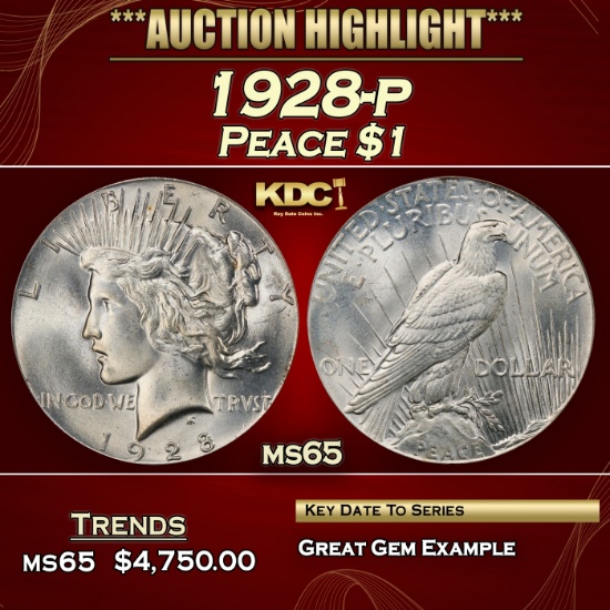 1928-p Peace Dollar $1 ms65 SEGS