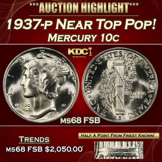 1937-p Mercury Dime Near Top Pop! 10c ms68 FSB SEGS