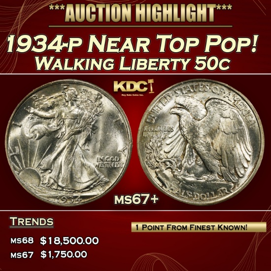 1934-p Walking Liberty Half Dollar Near Top Pop! 50c ms67+ SEGS