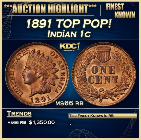 1891 Indian Cent TOP POP! 1c ms66 rb SEGS