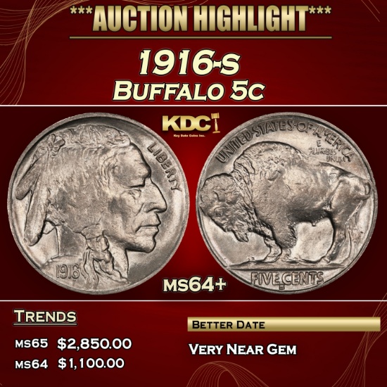 1916-s Buffalo Nickel 5c ms64+ SEGS
