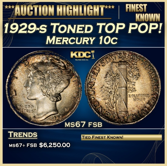 1929-s Mercury Dime Toned TOP POP! 10c ms67 fsb SEGS