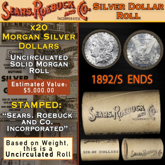 20 Uncirculated Morgan Silver Dollars $1 SEARS Roll 1892/'S' Rev Ends