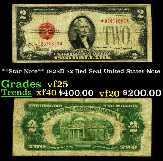 **Star Note** 1928D $2 Red Seal United States Note Grades vf+