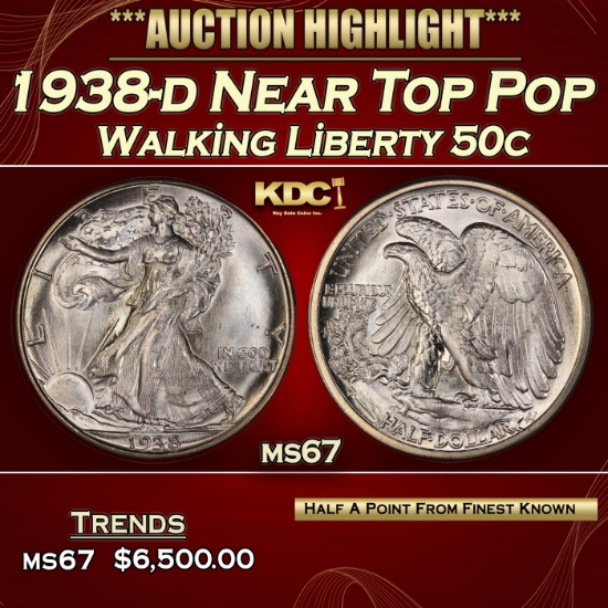 1938-d Walking Liberty Half Dollar Near Top Pop 50c ms67 SEGS