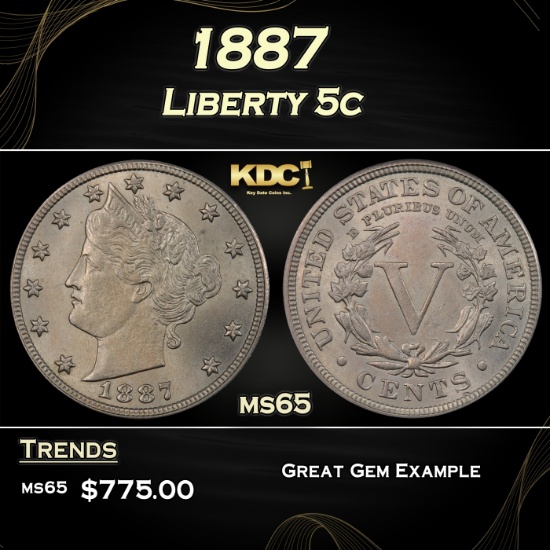 1887 Liberty Nickel 5c Grades ms65