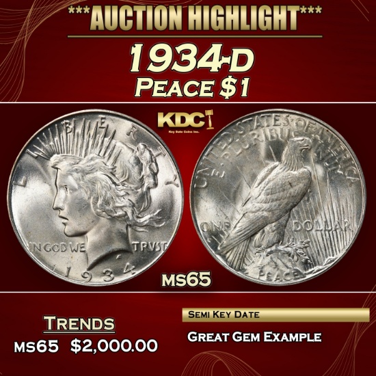 1934-d Peace Dollar $1 ms65 SEGS