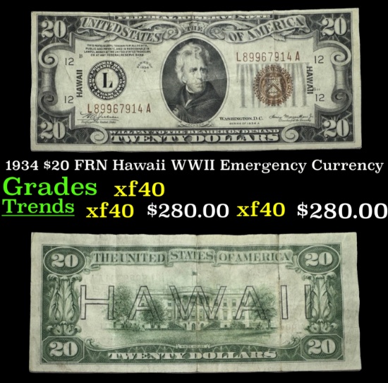 1934 $20 FRN Hawaii WWII Emergency Currency Grades xf