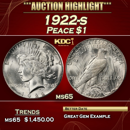 1922-s Peace Dollar $1 ms65 SEGS