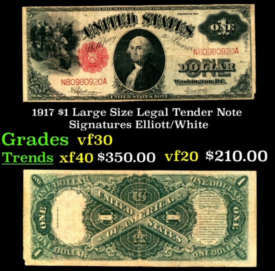 1917 $1 Large Size Legal Tender Note Grades vf++ Signatures Elliott/White