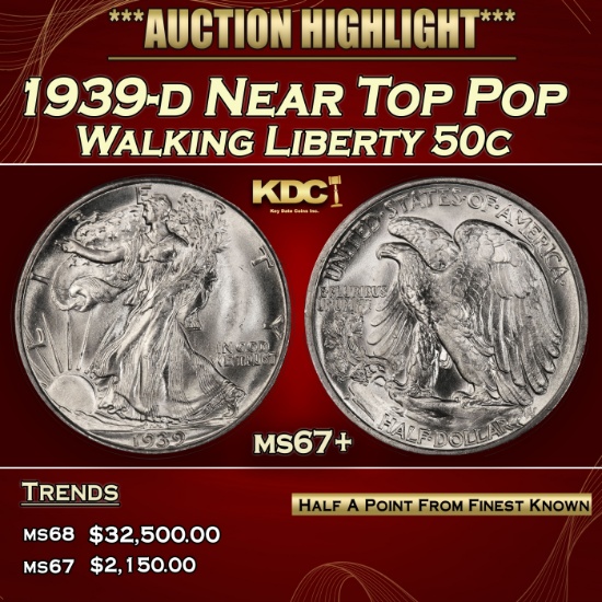 1939-d Walking Liberty Half Dollar Near Top Pop 50c ms67+ SEGS