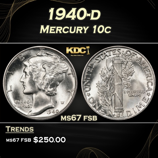 1940-d Mercury Dime 10c ms67 fsb SEGS