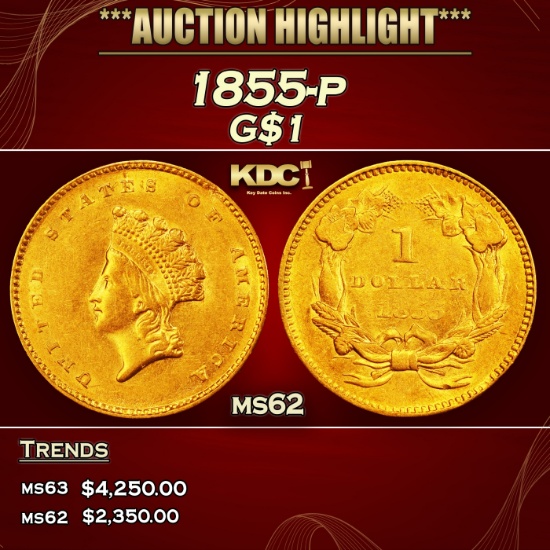 1855-p Gold Dollar $1 ms62 USCG