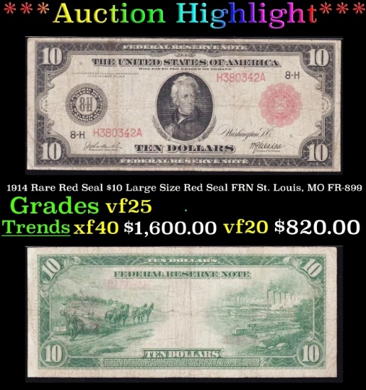 1914 $10 Large Size Red Seal FRN Rare Red Seal St. Louis, MO Grades vf+ FR-899