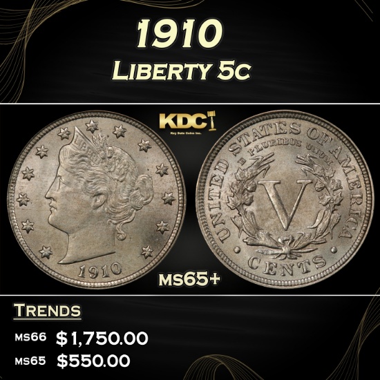 1910 Liberty Nickel 5c ms65+ SEGS