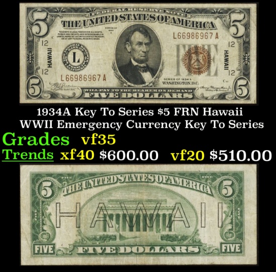 1934A $5 FRN Hawaii WWII Emergency Currency Key To Series Key To Series Grades vf++