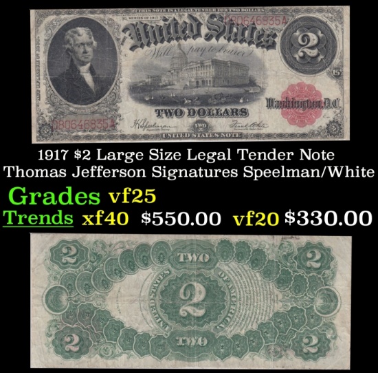 1917 $2 Large Size Legal Tender Note Thomas Jefferson Grades vf+ Signatures Speelman/White