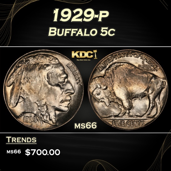 1929-p Buffalo Nickel 5c Grades ms66