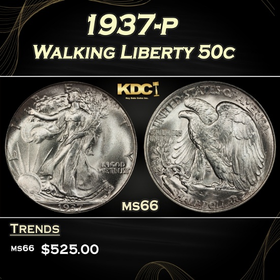 1937-p Walking Liberty Half Dollar 50c Grades ms66
