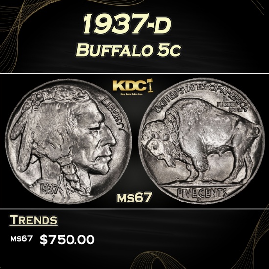 1937-d Buffalo Nickel 5c ms67 SEGS