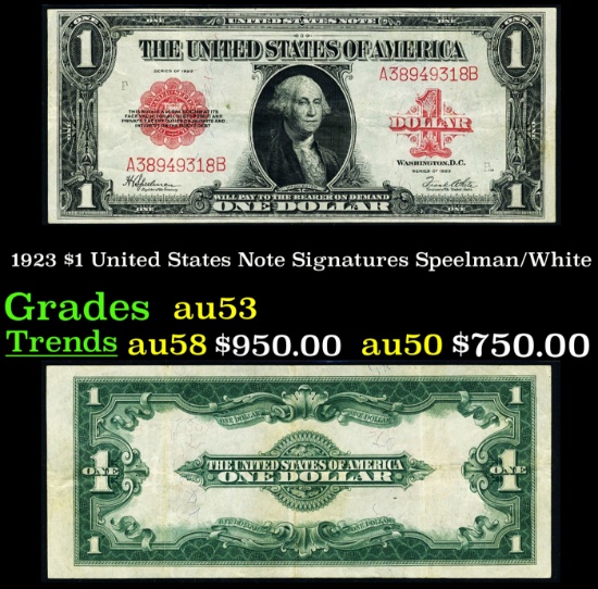 1923 $1 United States Note Grades Select AU Signatures Speelman/White