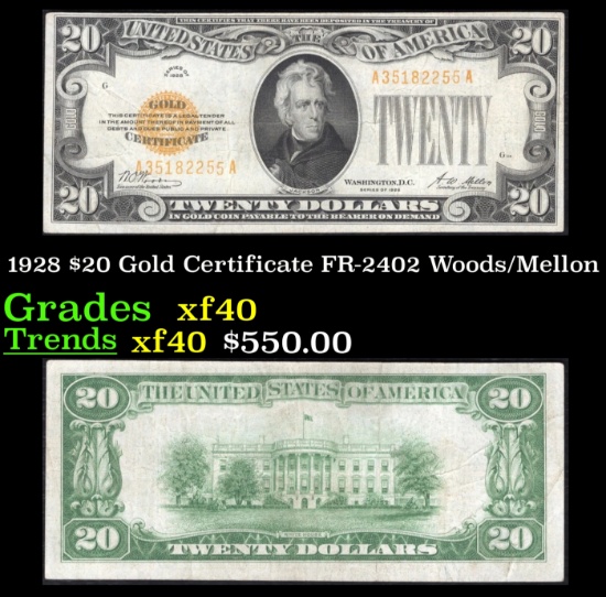 1928 $20 Gold Certificate FR-2402 Woods/Mellon Grades xf