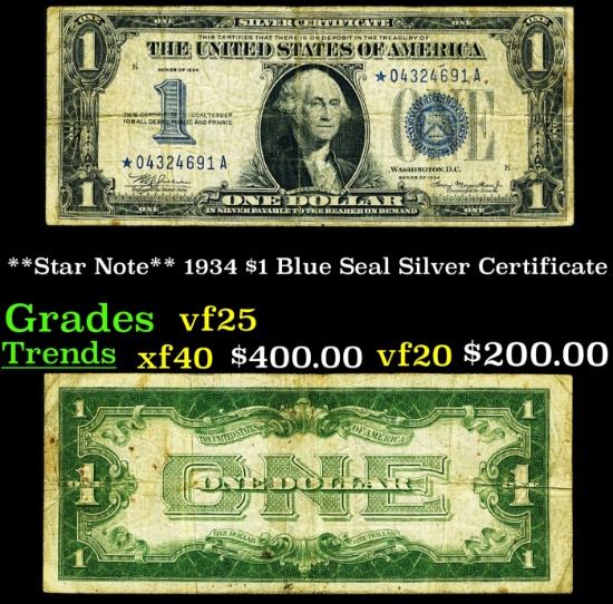 **Star Note** 1934 $1 Blue Seal Silver Certificate Grades vf+