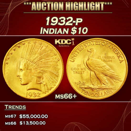 1932-p Gold Indian Eagle $10 ms66+ SEGS