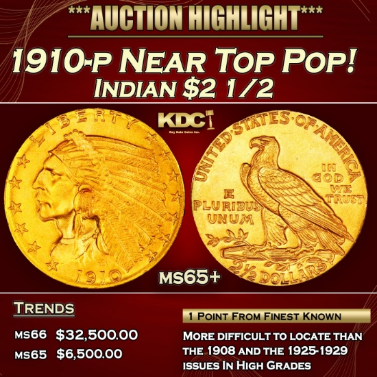 1910-p Gold Indian Quarter Eagle Near Top Pop! $2 1/2 ms65+ SEGS