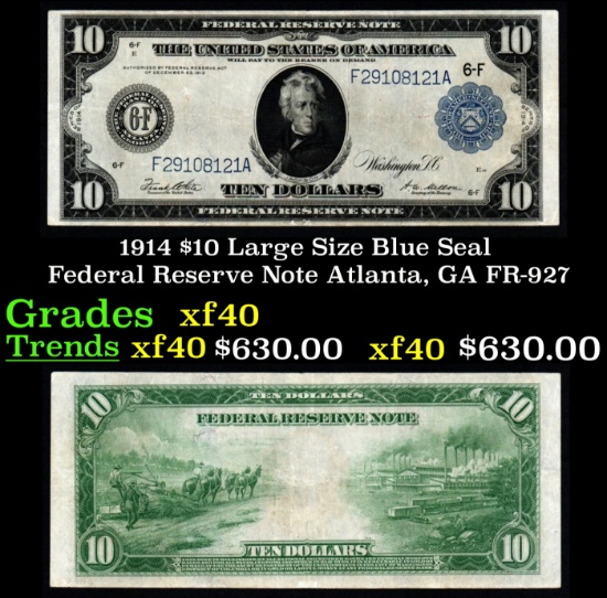 1914 $10 Large Size Blue Seal Federal Reserve Note Atlanta, GA Grades xf FR-927