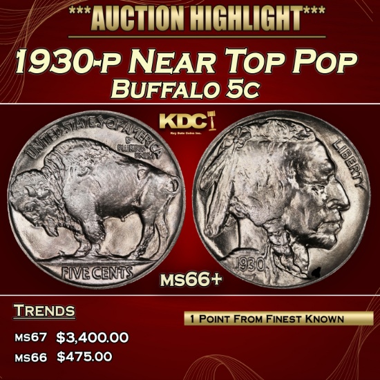 1930-p Buffalo Nickel Near Top Pop 5c ms66+ SEGS