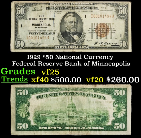 1929 $50 National Currency Federal Reserve Bank of Minneapolis Grades vf+