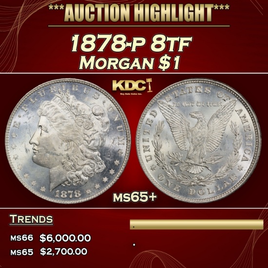 1878-p 8tf Morgan Dollar $1 ms65+ SEGS