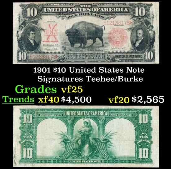 1901 $10 United States Note Grades vf+ Signatures Teehee/Burke