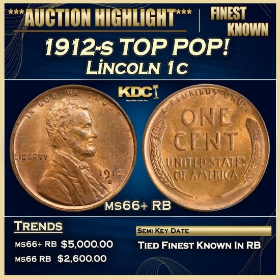 1912-s Lincoln Cent TOP POP! 1c ms66+ RB SEGS