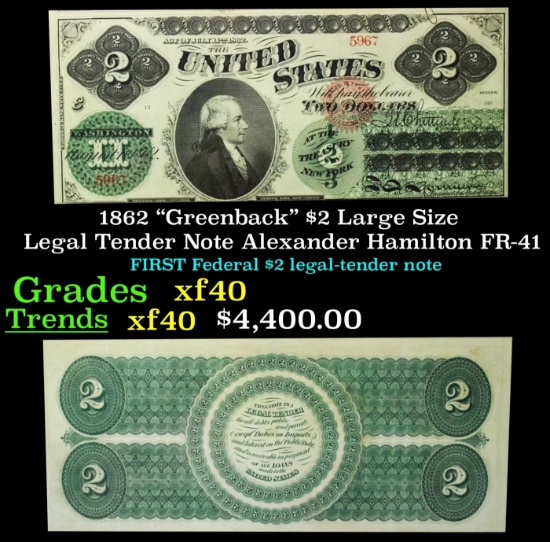 1862 $2 Large Size Legal Tender Note "Greenback" Alexander Hamilton Grades xf FR-41