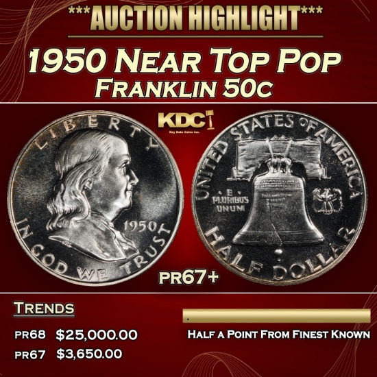 1950 Proof Franklin Half Dollar Near Top Pop 50c pr67+ SEGS