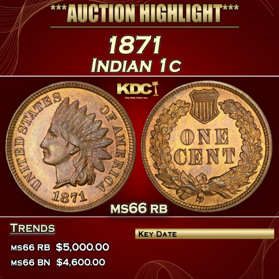 1871 Indian Cent 1c ms66 rb SEGS