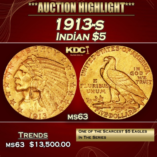 1913-s Gold Indian Half Eagle $5 ms63 USCG