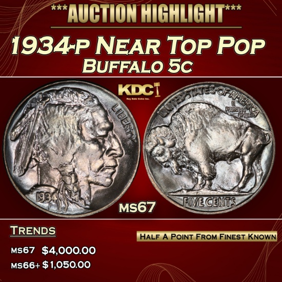 1934-p Buffalo Nickel Near Top Pop 5c ms67 SEGS