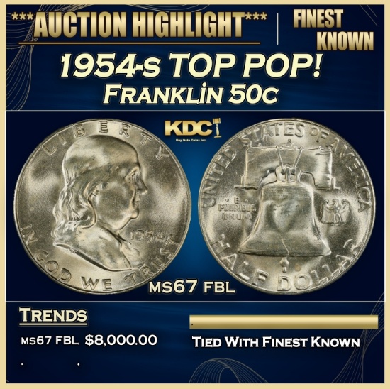 1954-s Franklin Half Dollar TOP POP! 50c ms67 fbl SEGS