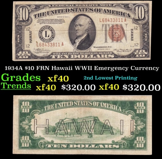 1934A $10 FRN Hawaii WWII Emergency Currency Grades xf