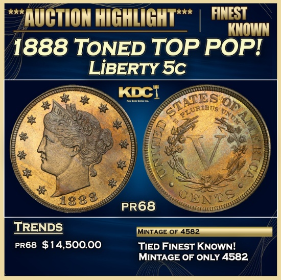1888 Proof Liberty Nickel Toned TOP POP! 5c pr68 SEGS