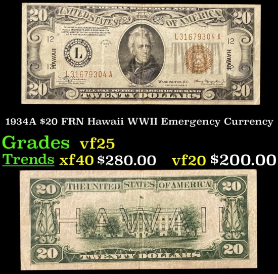 1934A $20 FRN Hawaii WWII Emergency Currency Grades vf+