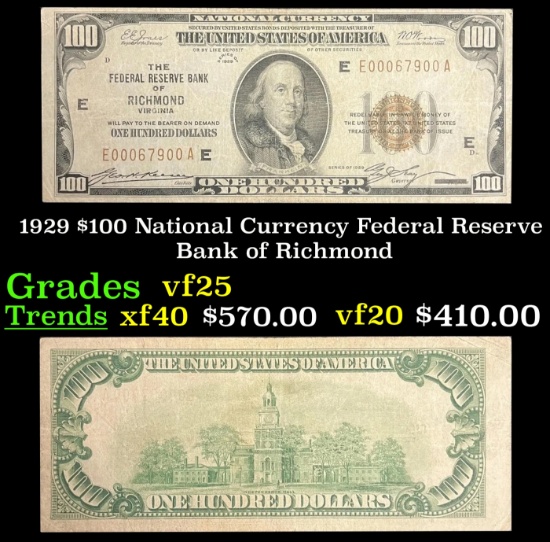 1929 $100 National Currency Federal Reserve Bank of Richmond Grades vf+