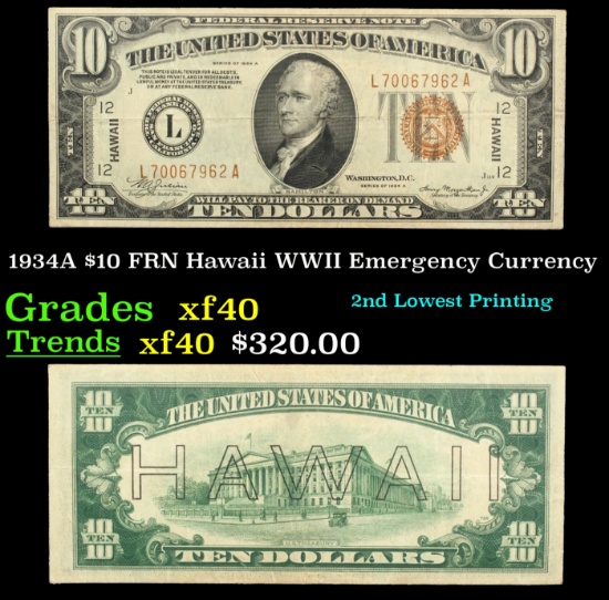1934A $10 FRN Hawaii WWII Emergency Currency Grades xf